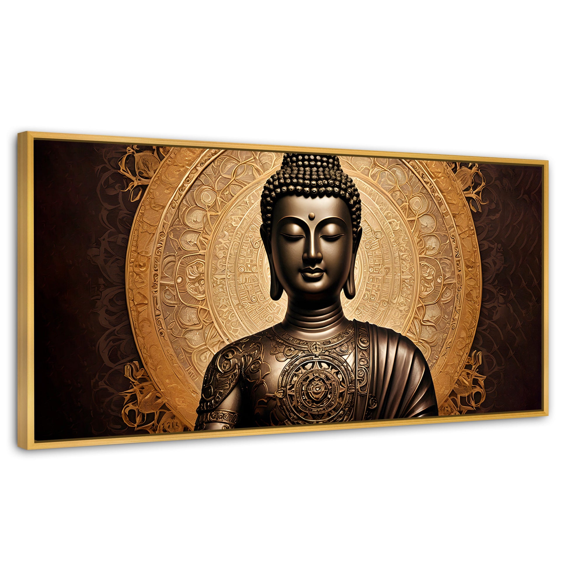 Cuadros Decorativos Canvas Revolution | Buda Astral Dorado | Panoramico | Portada | Marco Madera