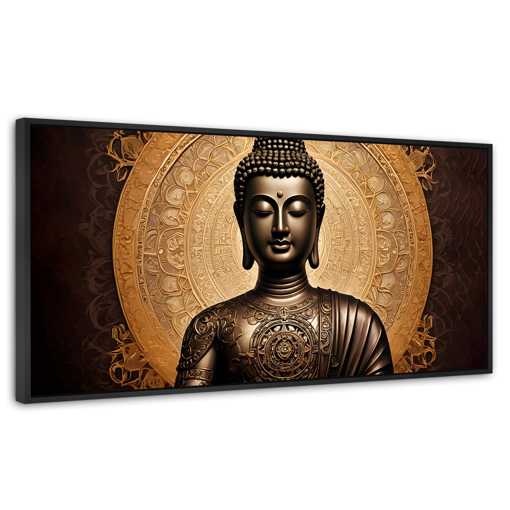 Cuadros Decorativos Canvas Revolution | Buda Astral Dorado | Panoramico | Portada | Marco Plateado
