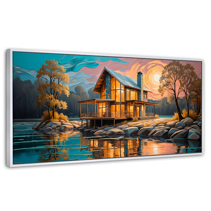 Cuadros Decorativos Canvas Revolution | Cabana Junto Lago | Panoramico | Portada | Marco Dorado