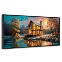Cuadros Decorativos Canvas Revolution | Cabana Junto Lago | Panoramico | Portada | Marco Plateado