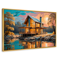 Cuadros Decorativos Canvas Revolution | Cabana Junto Lago | Rectangular | Portada | Marco Dorado