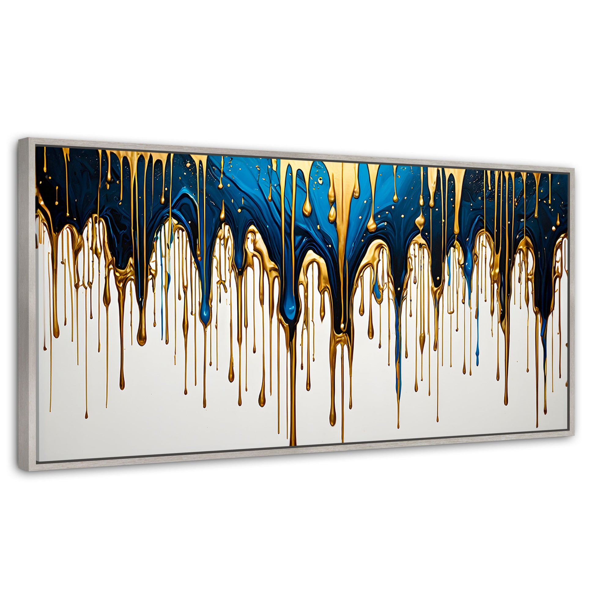 Cuadros Decorativos Canvas Revolution | Cascada Azul Dorado | Panoramico | Portada | Marco Blanco