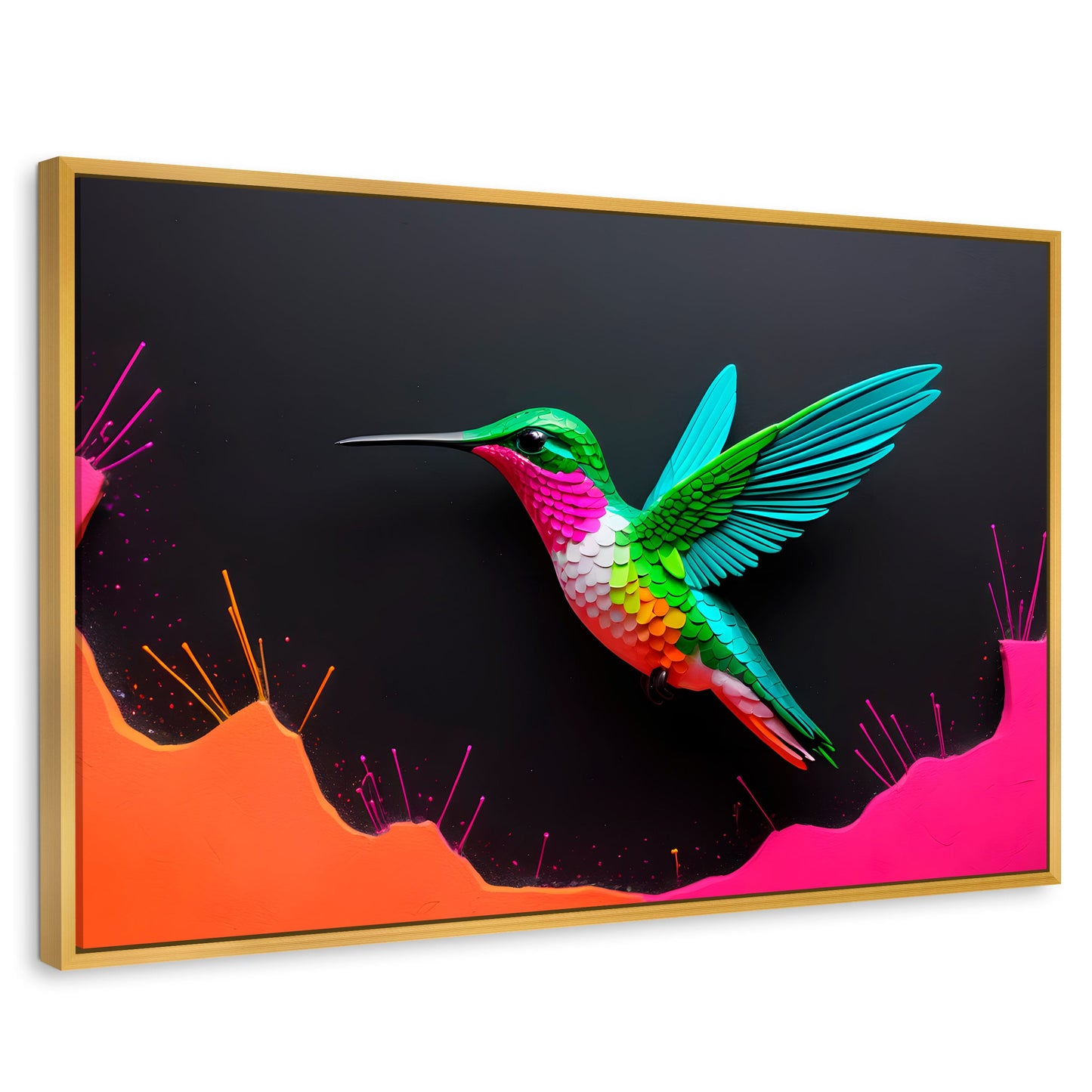 Cuadros Decorativos Canvas Revolution | Colibri En Colores | Rectangular | Portada | Marco Dorado