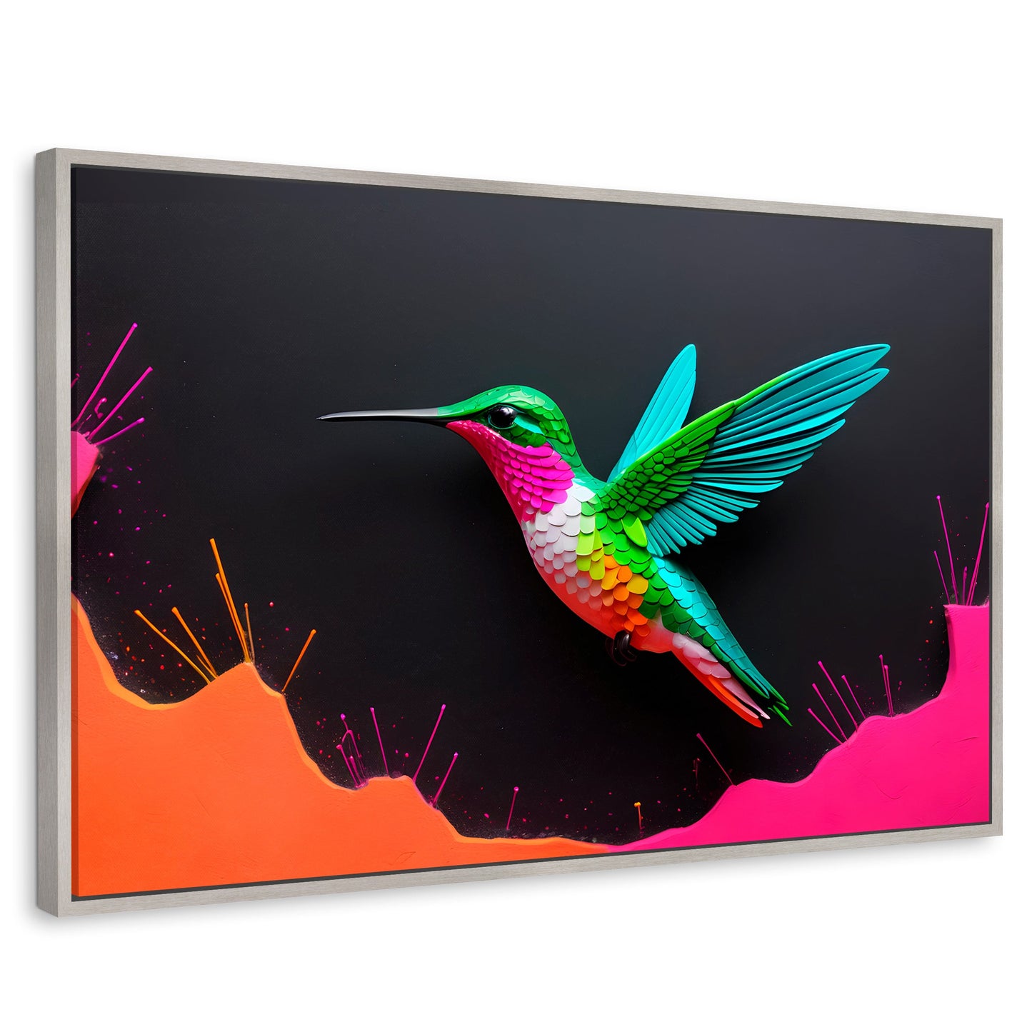Cuadros Decorativos Canvas Revolution | Colibri En Colores | Rectangular | Portada | Marco Plateado