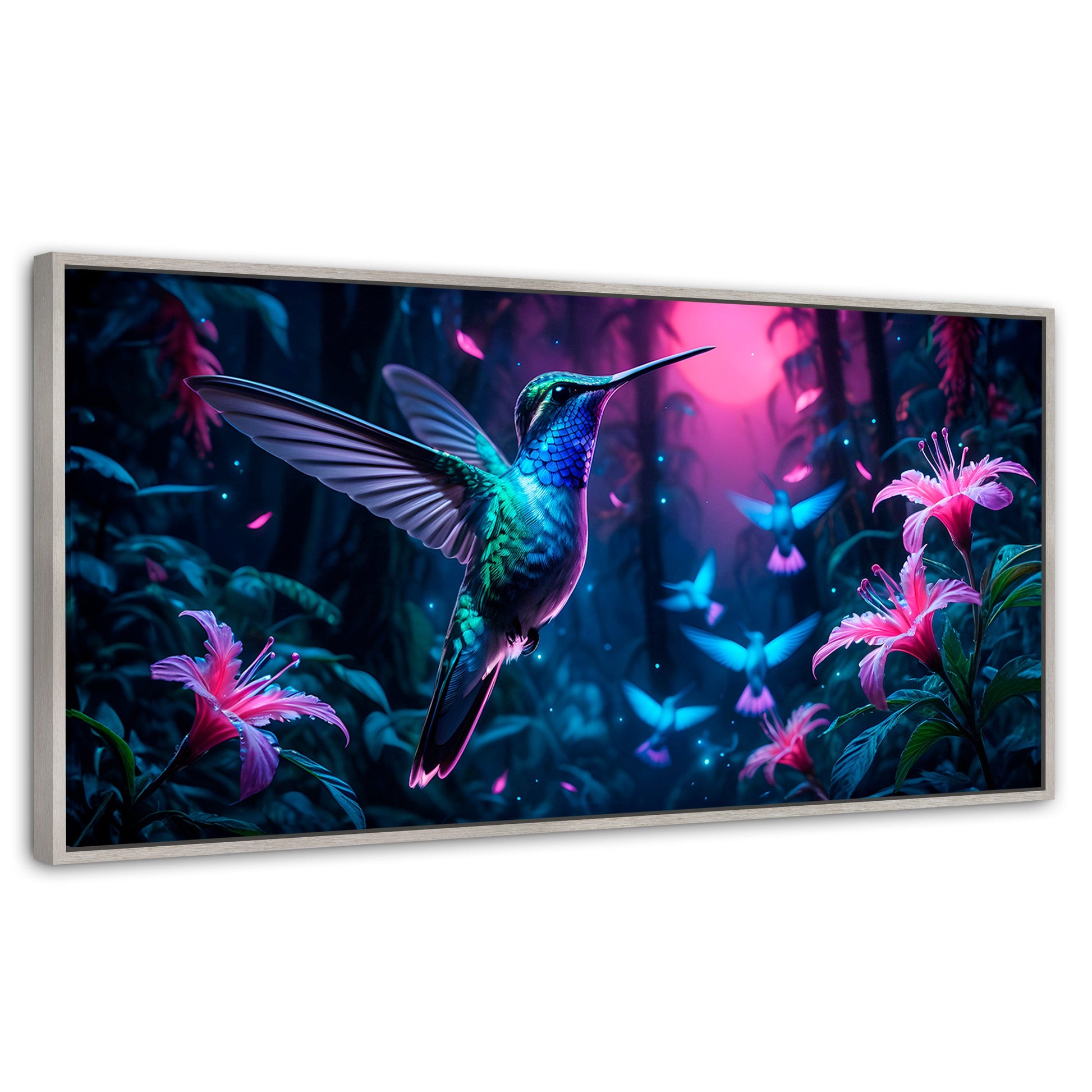 Cuadros Decorativos Canvas Revolution | Colibri Fluoresente | Panoramico | Portada | Marco Blanco