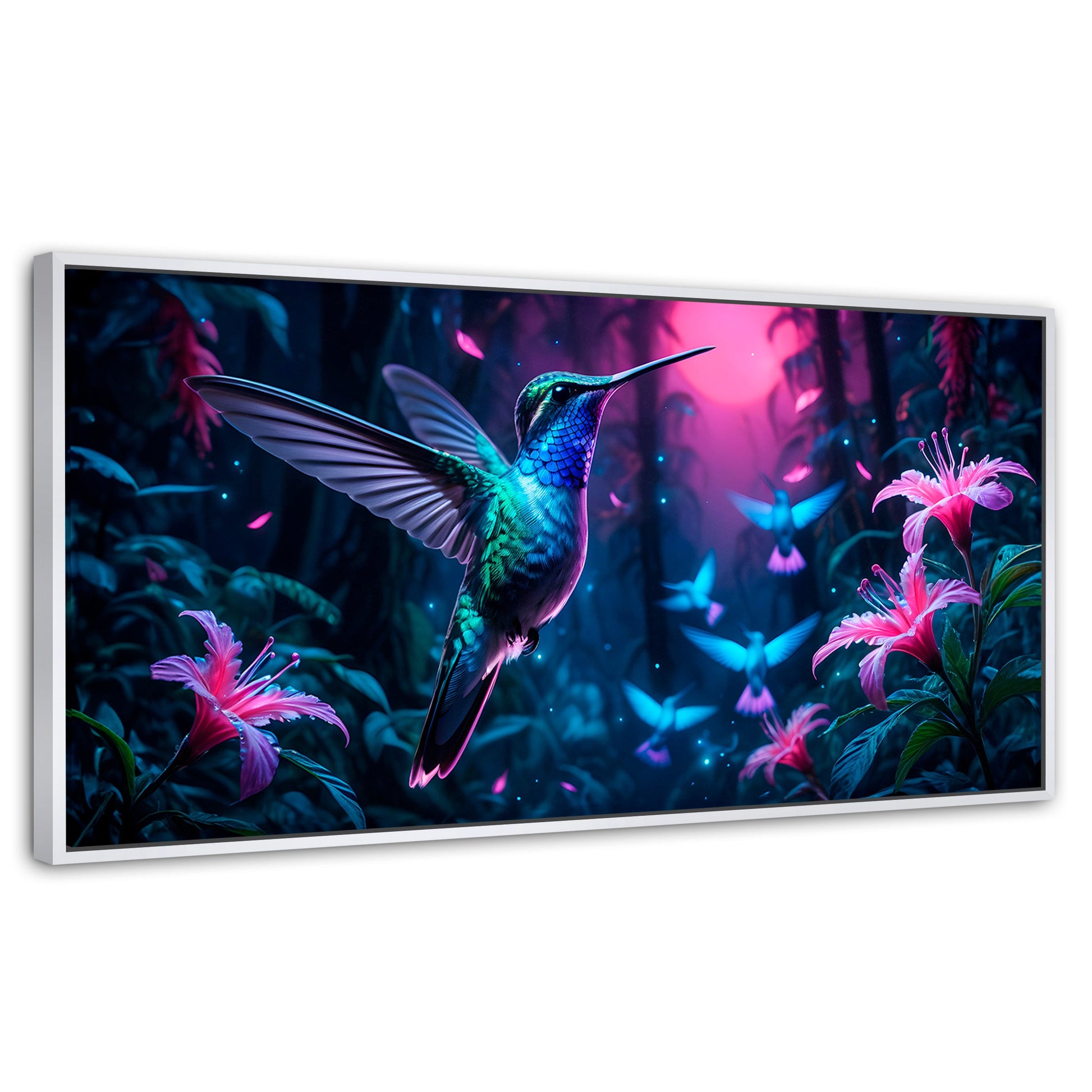 Cuadros Decorativos Canvas Revolution | Colibri Fluoresente | Panoramico | Portada | Marco Dorado