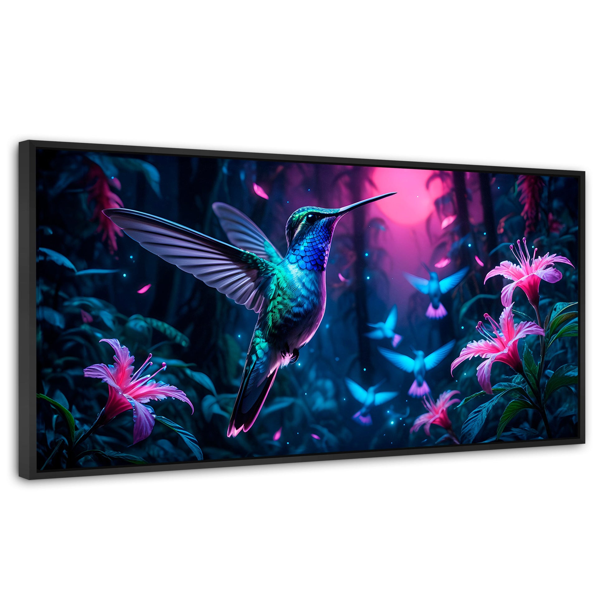 Cuadros Decorativos Canvas Revolution | Colibri Fluoresente | Panoramico | Portada | Marco Plateado