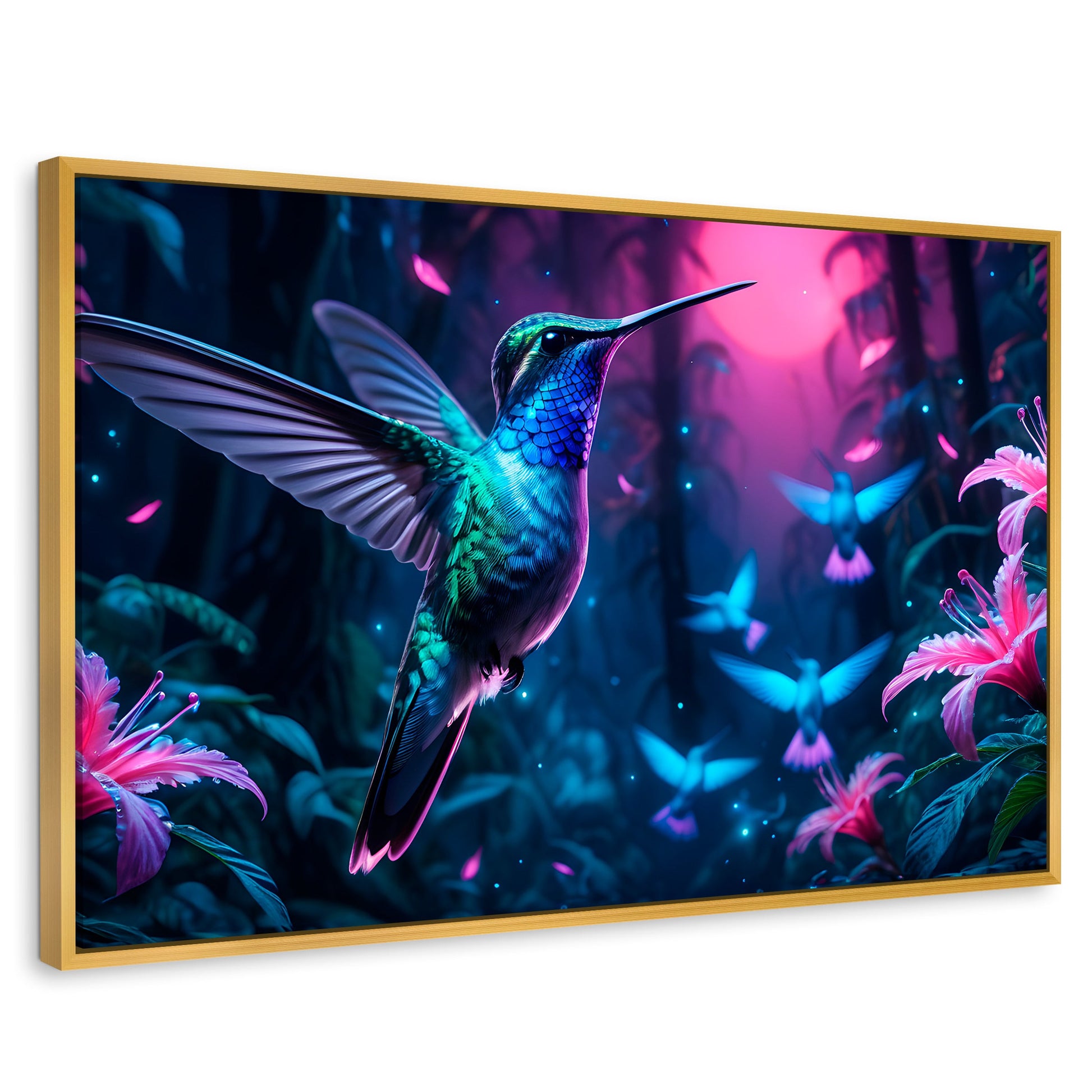 Cuadros Decorativos Canvas Revolution | Colibri Fluoresente | Rectangular | Portada | Marco Dorado