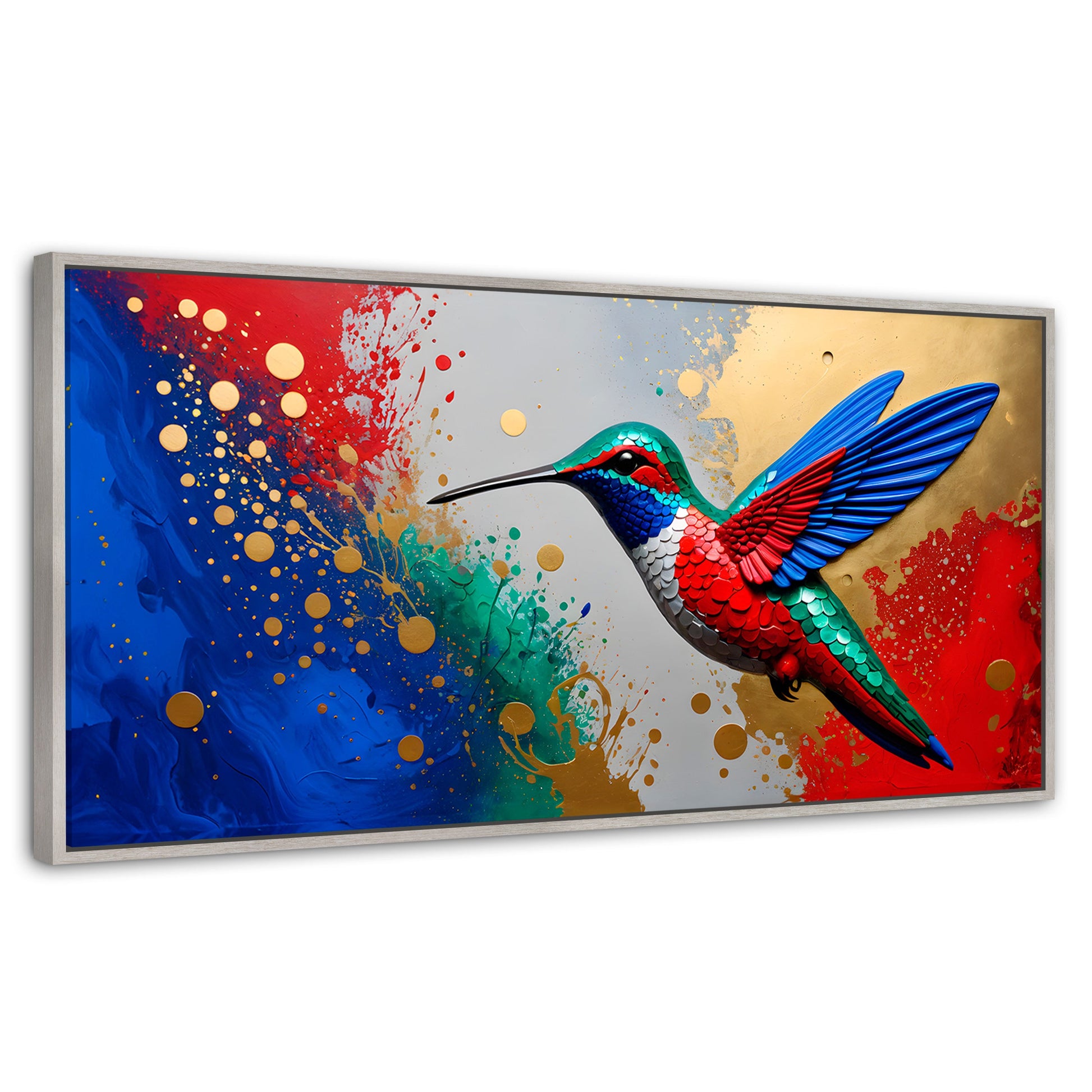 Cuadros Decorativos Canvas Revolution | Colibri Rocio Oro | Panoramico | Portada | Marco Blanco
