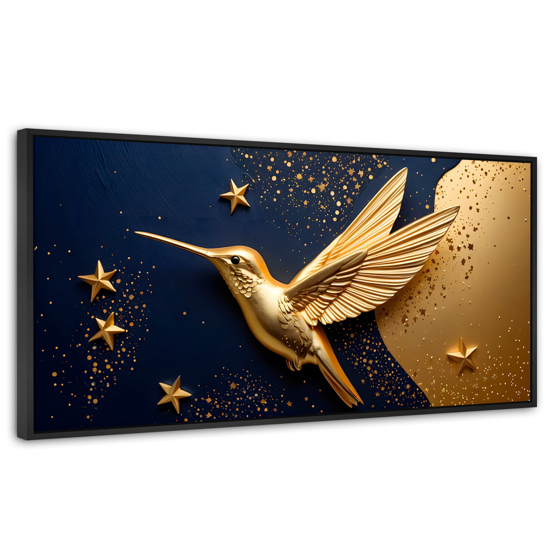 Cuadros Decorativos Canvas Revolution | Colibri Sol Dorado | Panoramico | Portada | Marco Plateado