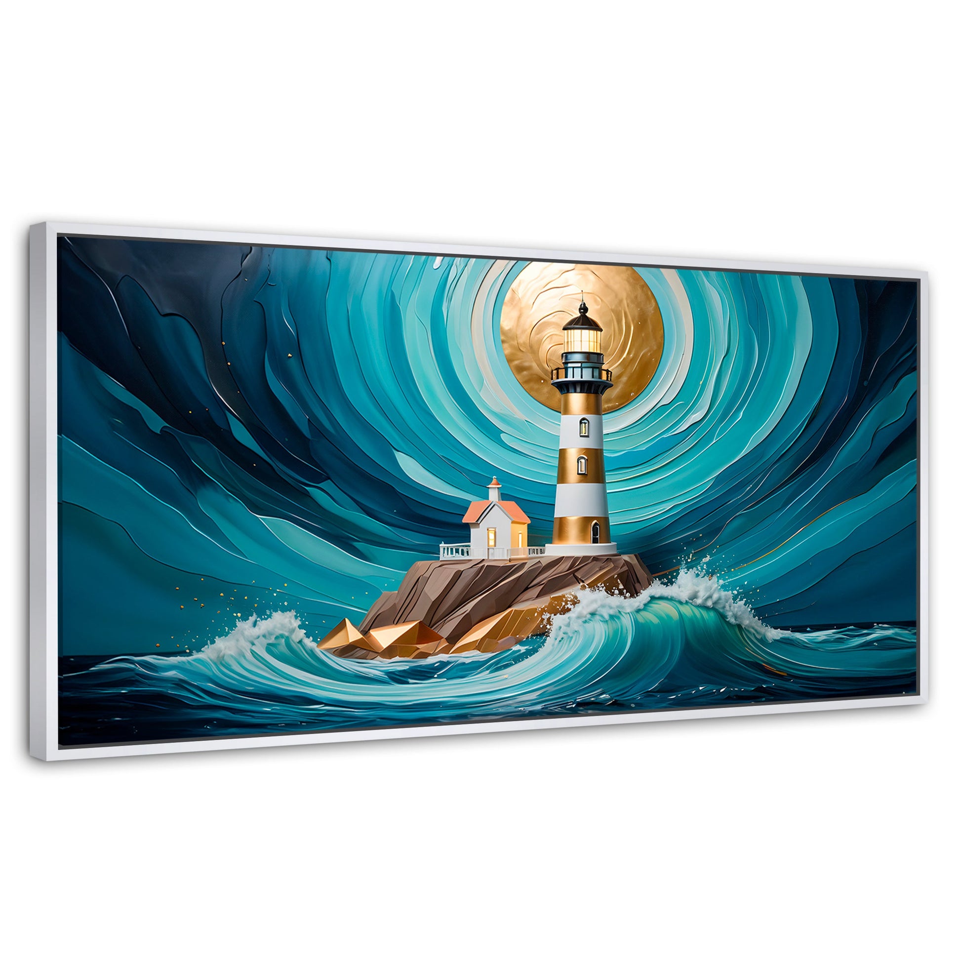 Cuadros Decorativos Canvas Revolution | Faro Del Mar Azul | Panoramico | Portada | Marco Dorado