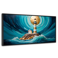 Cuadros Decorativos Canvas Revolution | Faro Del Mar Azul | Panoramico | Portada | Marco Plateado