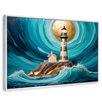 Cuadros Decorativos Canvas Revolution | Faro Del Mar Azul | Rectangular | Portada | Marco Blanco