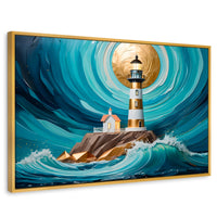 Cuadros Decorativos Canvas Revolution | Faro Del Mar Azul | Rectangular | Portada | Marco Dorado