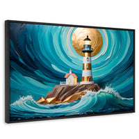 Cuadros Decorativos Canvas Revolution | Faro Del Mar Azul | Rectangular | Portada | Marco Negro