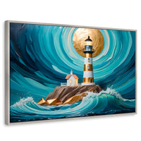 Cuadros Decorativos Canvas Revolution | Faro Del Mar Azul | Rectangular | Portada | Marco Plateado