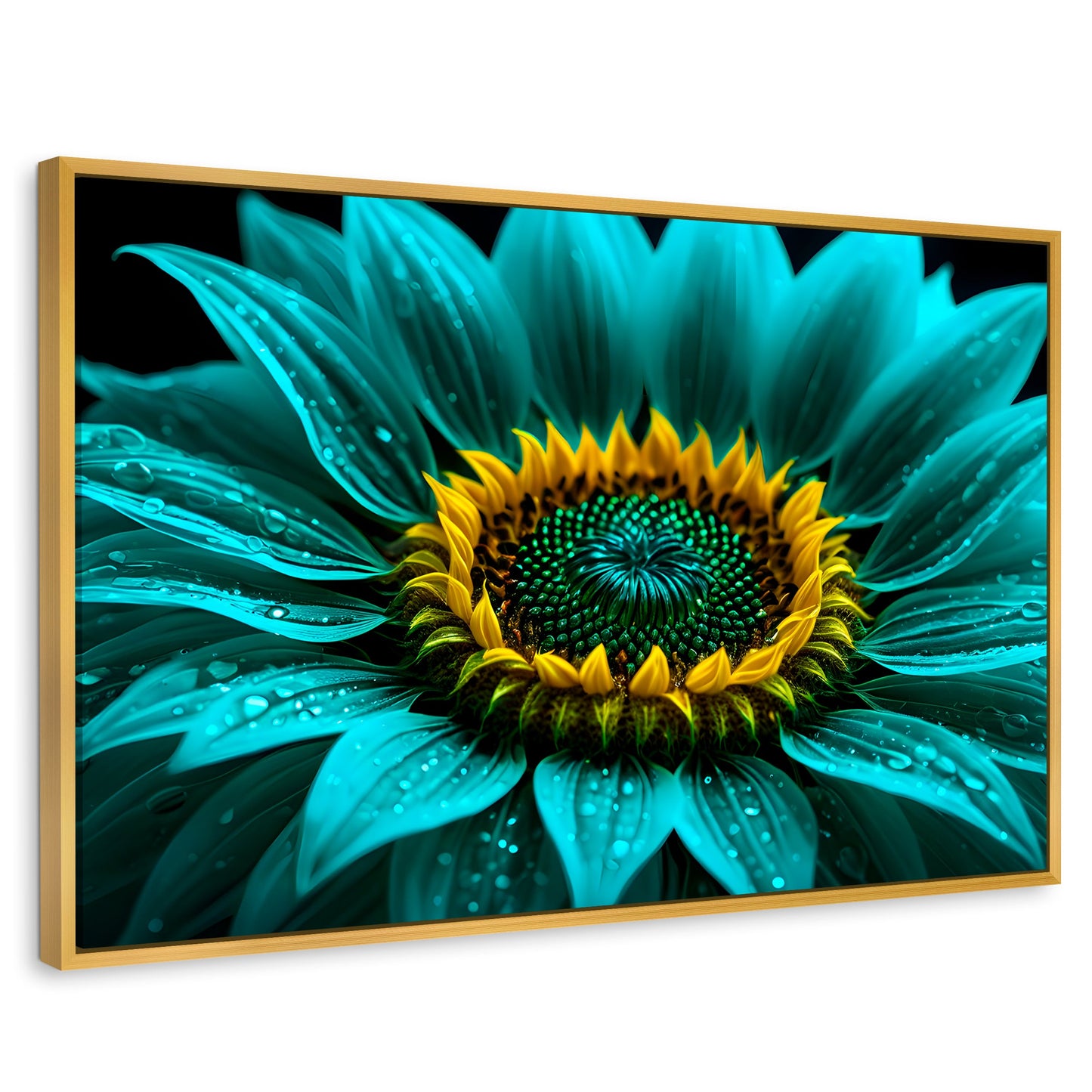 Cuadros Decorativos Canvas Revolution | Girasol Acuamarina | Rectangular | Portada | Marco Dorado