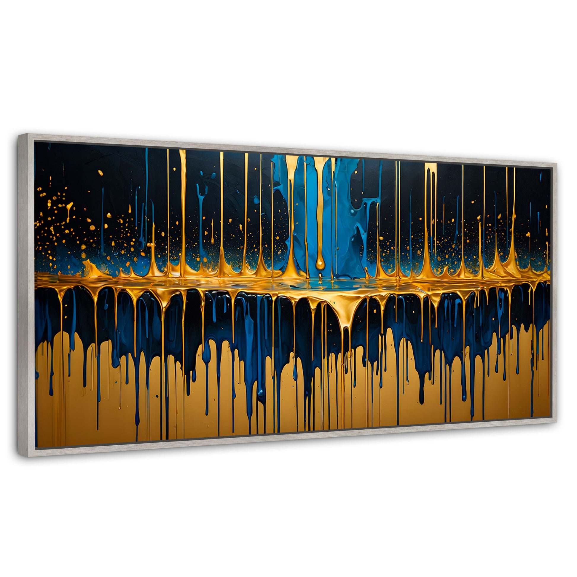 Cuadros Decorativos Canvas Revolution | Gotas Azul Doradas | Panoramico | Portada | Marco Blanco