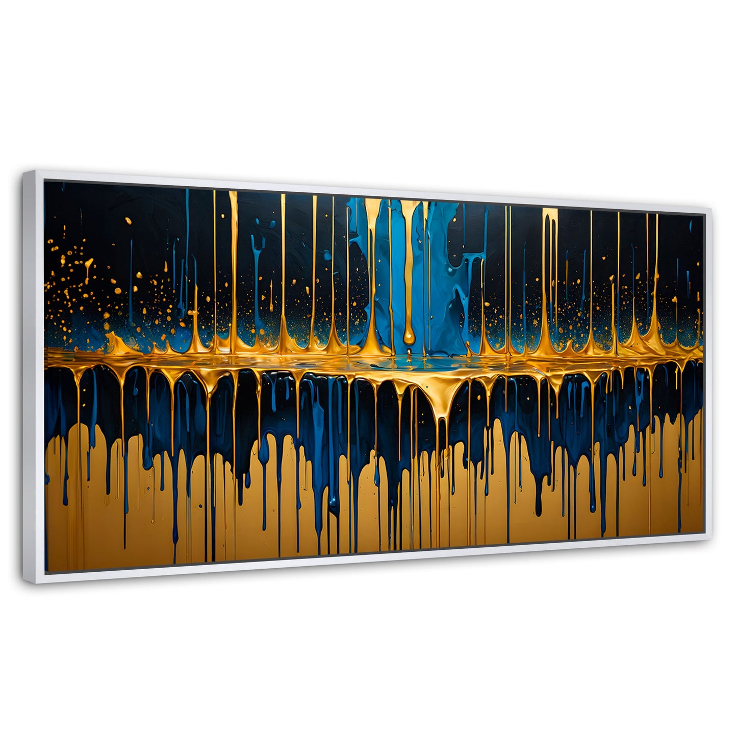 Cuadros Decorativos Canvas Revolution | Gotas Azul Doradas | Panoramico | Portada | Marco Dorado