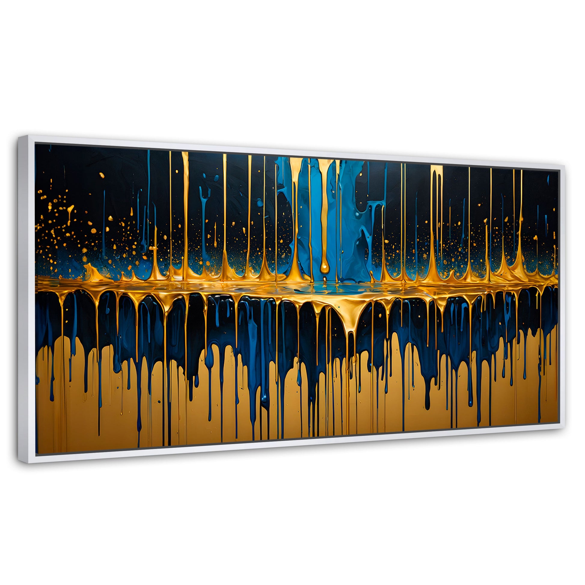 Cuadros Decorativos Canvas Revolution | Gotas Azul Doradas | Panoramico | Portada | Marco Dorado