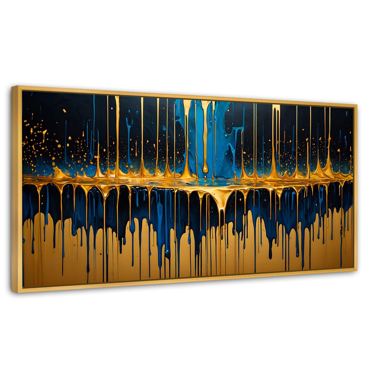 Cuadros Decorativos Canvas Revolution | Gotas Azul Doradas | Panoramico | Portada | Marco Madera