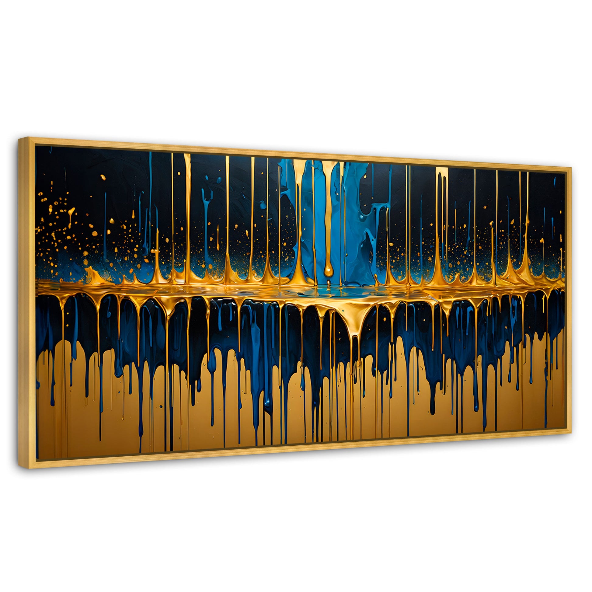 Cuadros Decorativos Canvas Revolution | Gotas Azul Doradas | Panoramico | Portada | Marco Madera