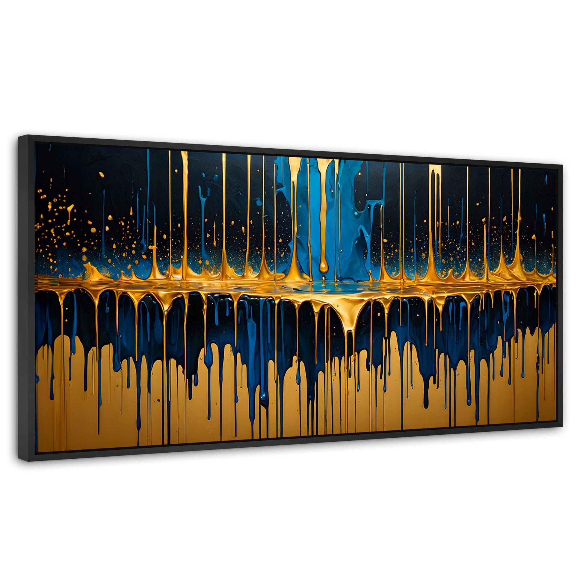 Cuadros Decorativos Canvas Revolution | Gotas Azul Doradas | Panoramico | Portada | Marco Plateado