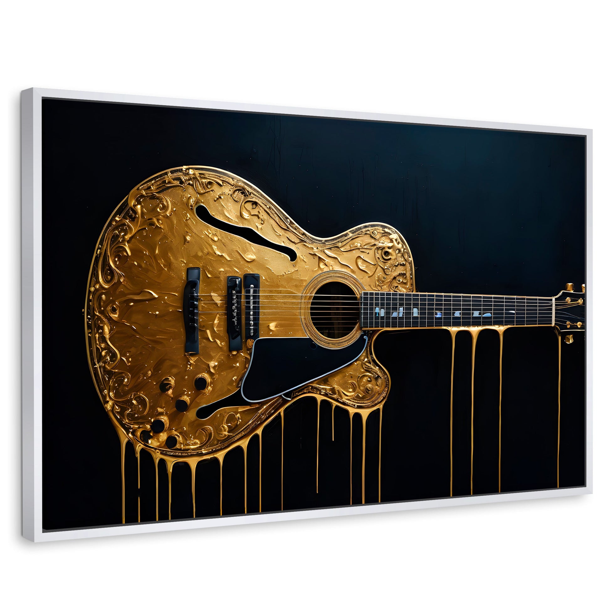 Cuadros Decorativos Canvas Revolution | Guitarra Dorada | Rectangular | Portada | Marco Blanco