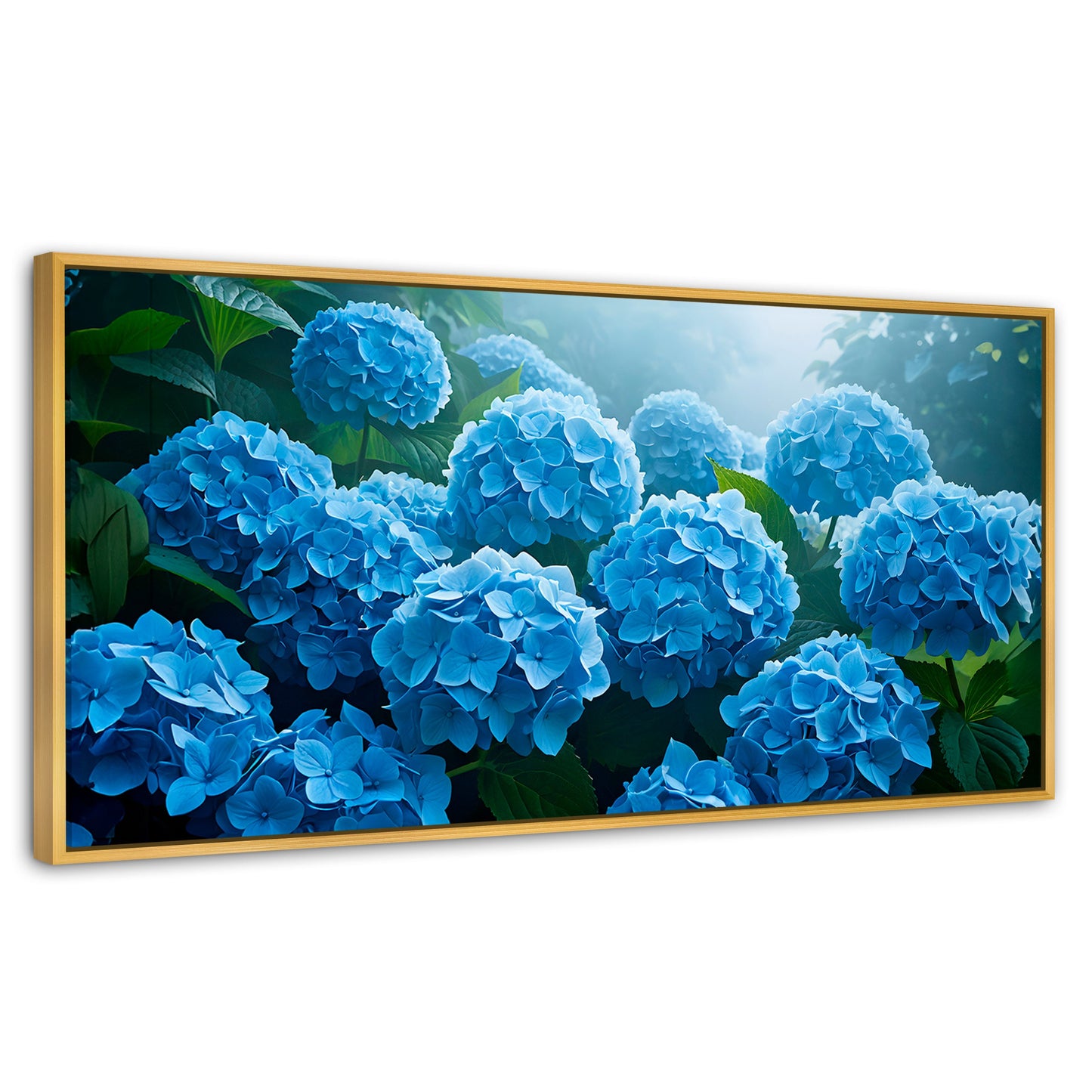 Cuadros Decorativos Canvas Revolution | Hortensias Azules | Panoramico | Portada | Marco Dorado