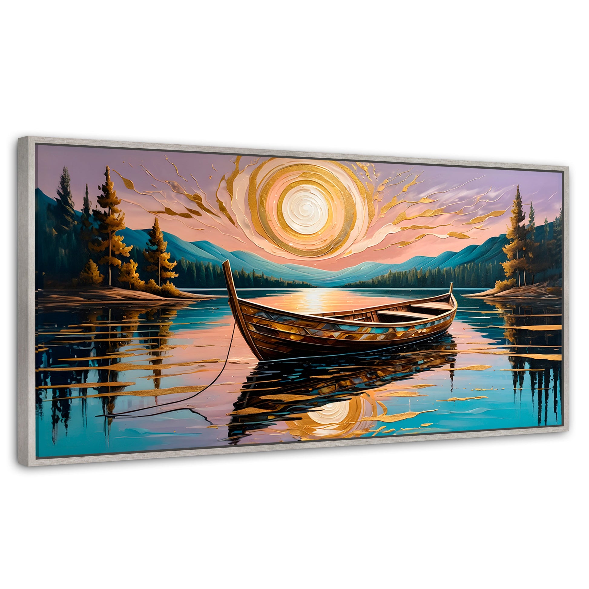 Cuadros Decorativos Canvas Revolution | Lago De Luz Dorada | Panoramico | Portada | Marco Blanco