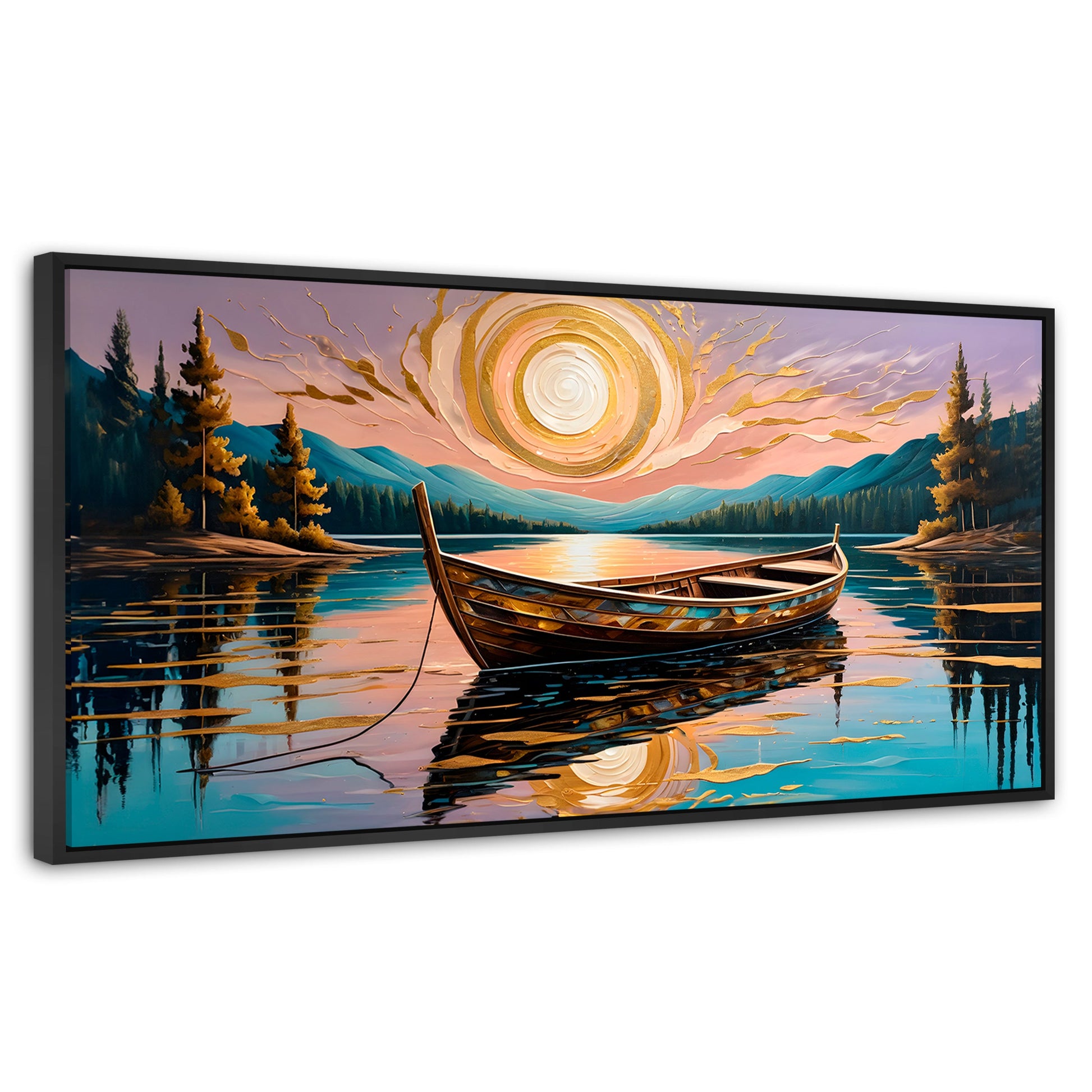Cuadros Decorativos Canvas Revolution | Lago De Luz Dorada | Panoramico | Portada | Marco Plateado