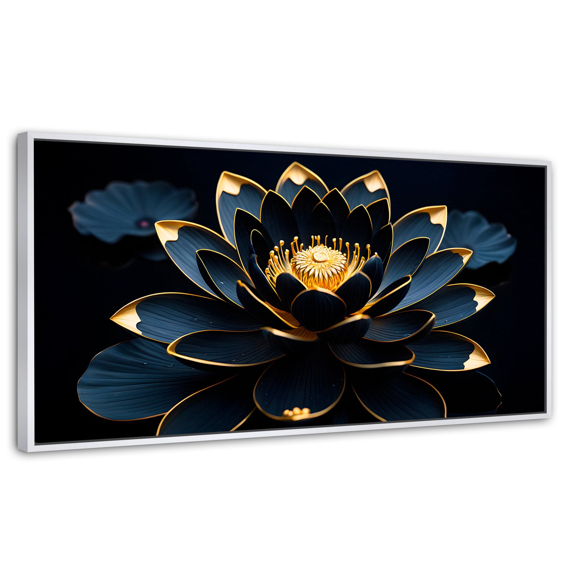 Cuadros Decorativos Canvas Revolution | Loto Negro Oro | Panoramico | Portada | Marco Blanco