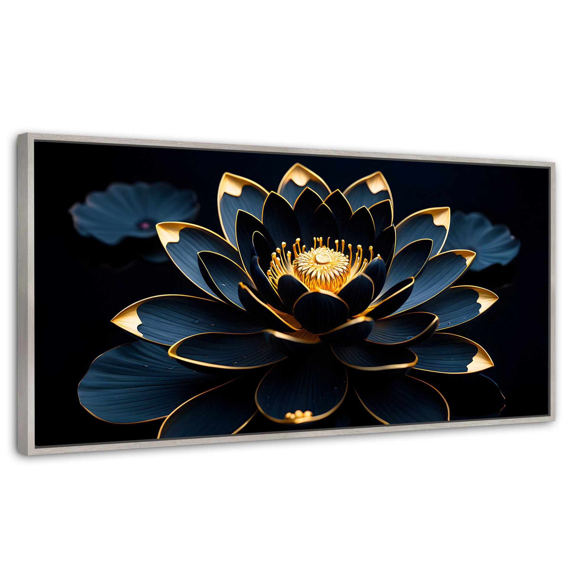 Cuadros Decorativos Canvas Revolution | Loto Negro Oro | Panoramico | Portada | Marco Plateado