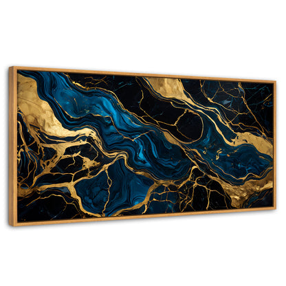 Cuadros Decorativos Canvas Revolution | Marmol Azul Oro | Panoramico | Portada | Marco Negro