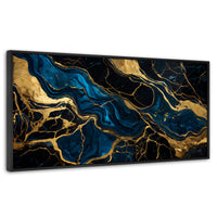Cuadros Decorativos Canvas Revolution | Marmol Azul Oro | Panoramico | Portada | Marco Plateado