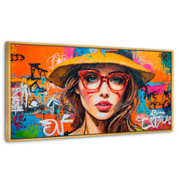 Cuadros Decorativos Canvas Revolution | Mujer Con Gafas | Panoramico | Portada | Marco Dorado