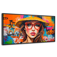 Cuadros Decorativos Canvas Revolution | Mujer Con Gafas | Panoramico | Portada | Marco Negro