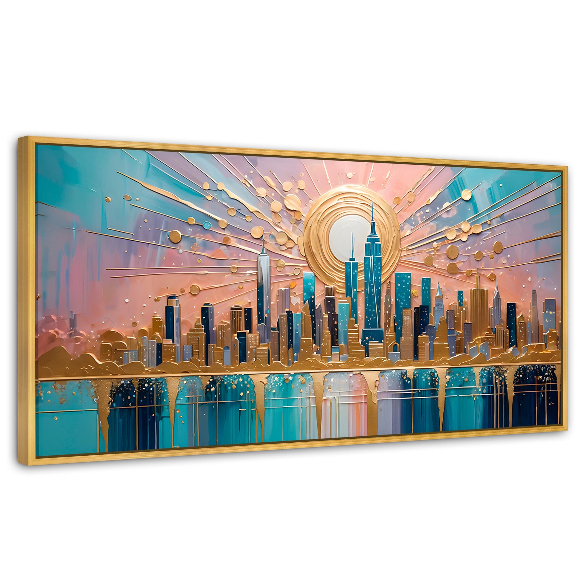 Cuadros Decorativos Canvas Revolution | Nueva York Dorada | Panoramico | Portada | Marco Madera