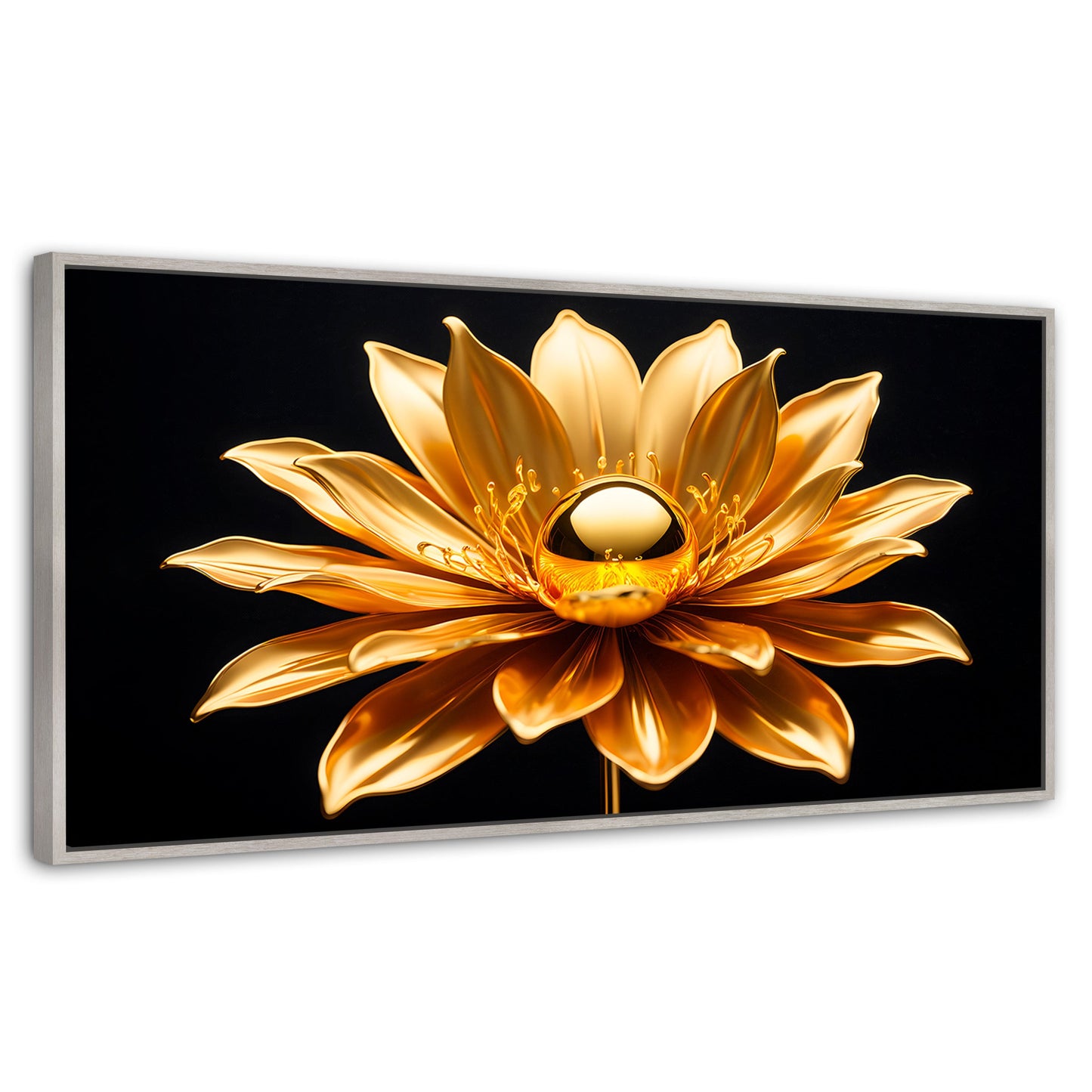 Cuadros Decorativos Canvas Revolution | Oro Flor Radiante | Panoramico | Portada | Marco Plateado