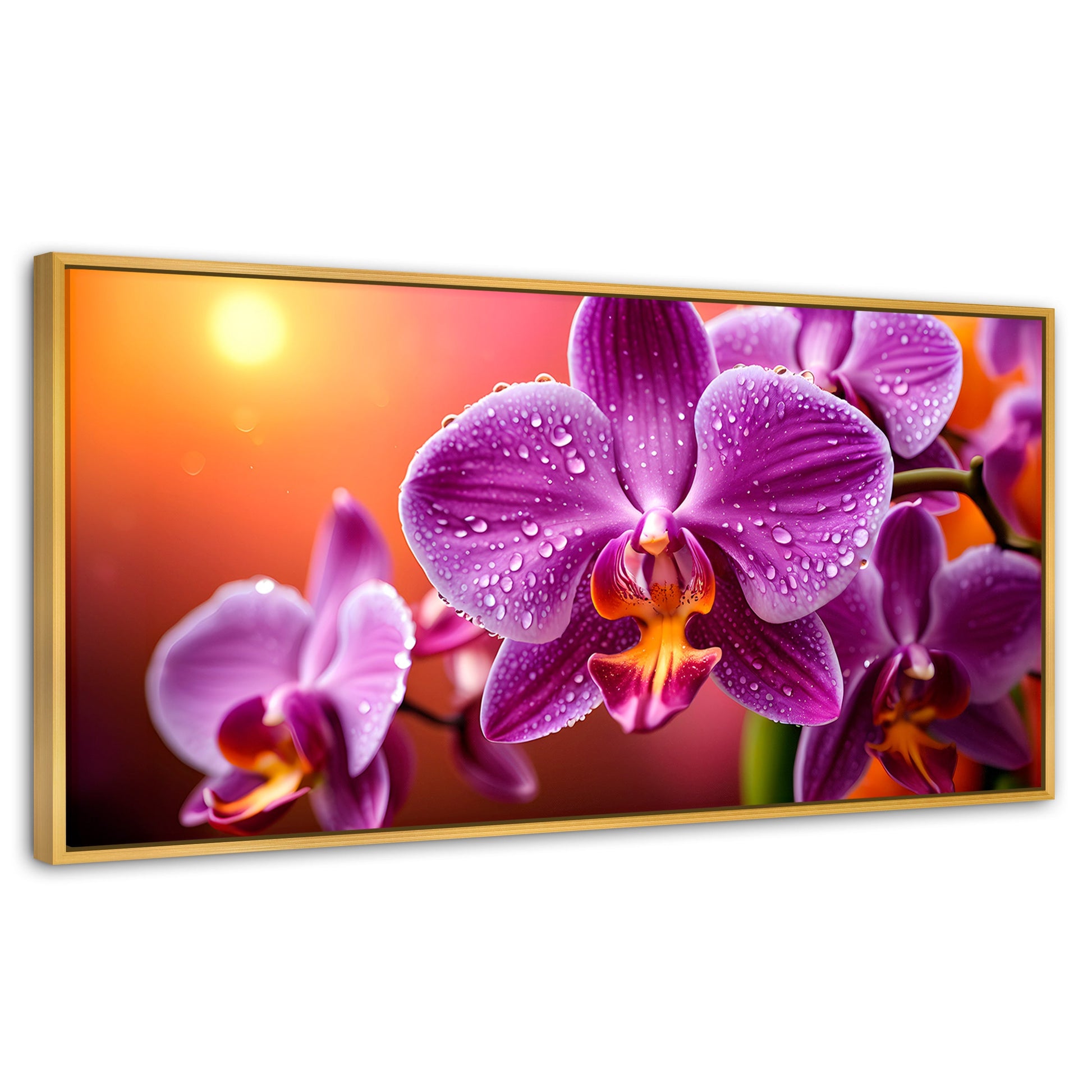 Cuadros Decorativos Canvas Revolution | Orquidea Morada Sol | Panoramico | Portada | Marco Dorado