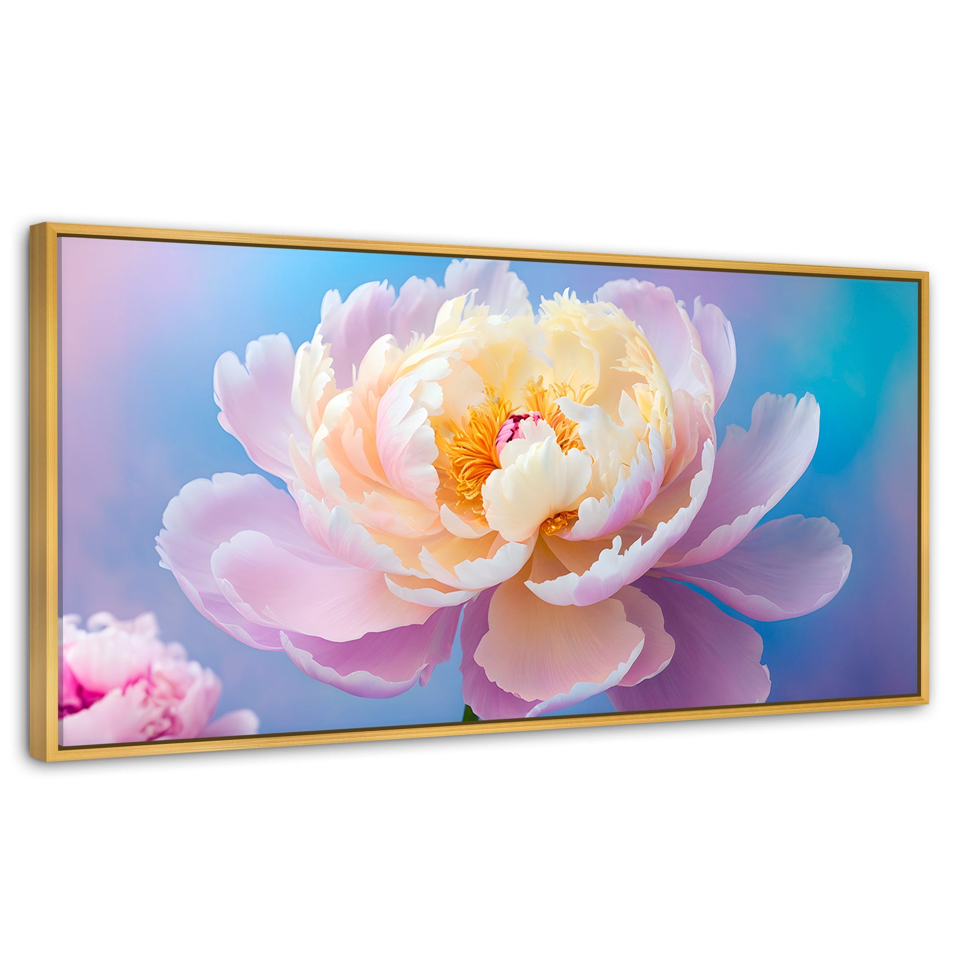 Cuadros Decorativos Canvas Revolution | Peonia Luz Eterna | Panoramico | Portada | Marco Dorado