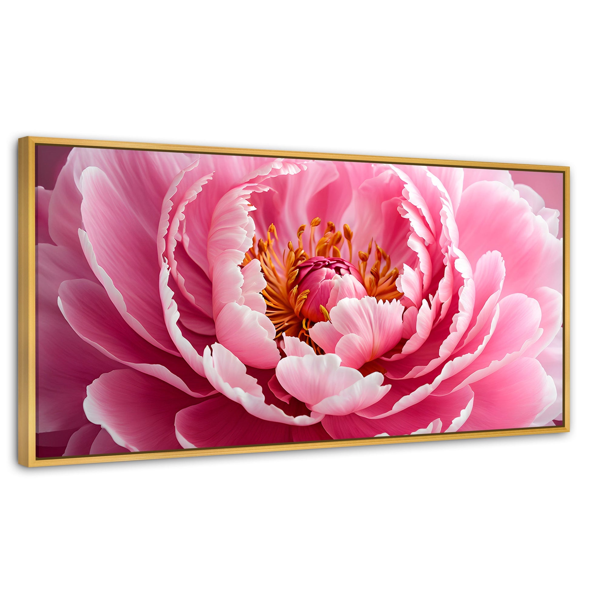 Cuadros Decorativos Canvas Revolution | Peonia Rosa Abierta | Panoramico | Portada | Marco Dorado