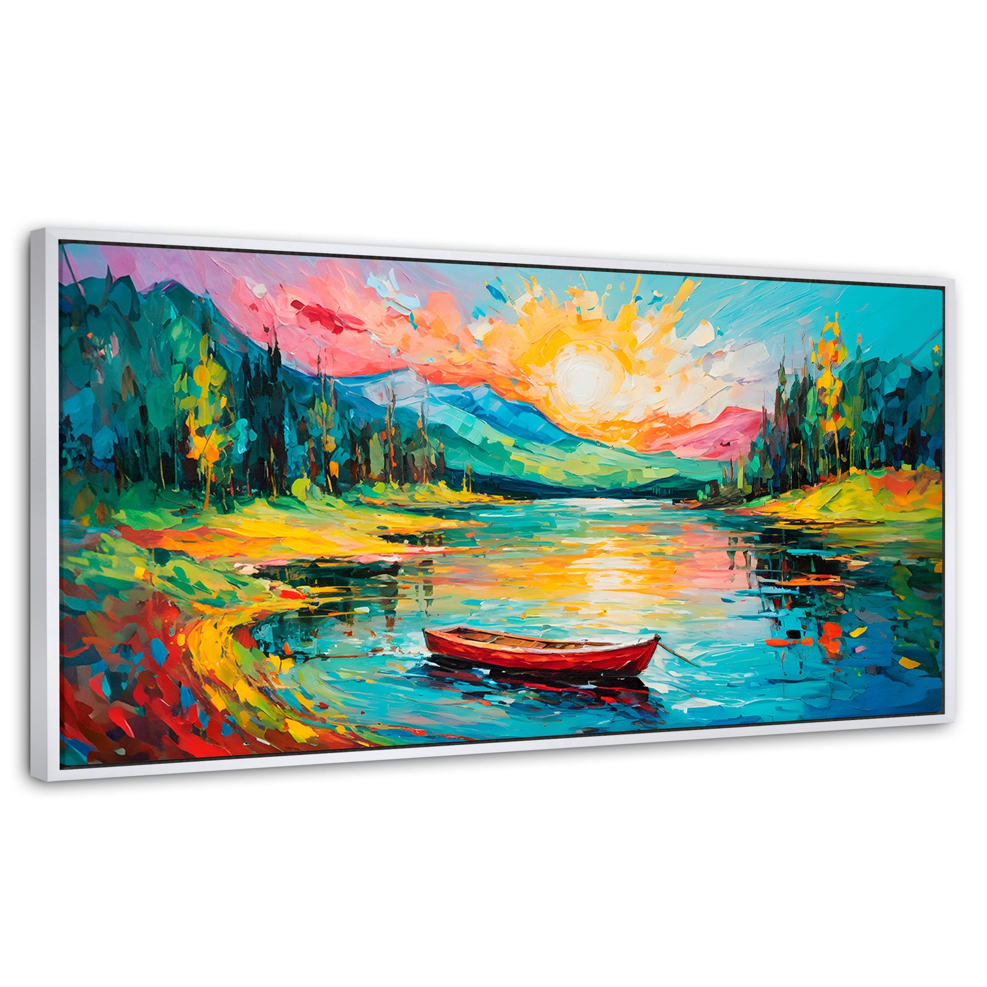 Cuadros Decorativos Canvas Revolution | Reflejos Bote Lago | Panoramico | Portada | Marco Blanco
