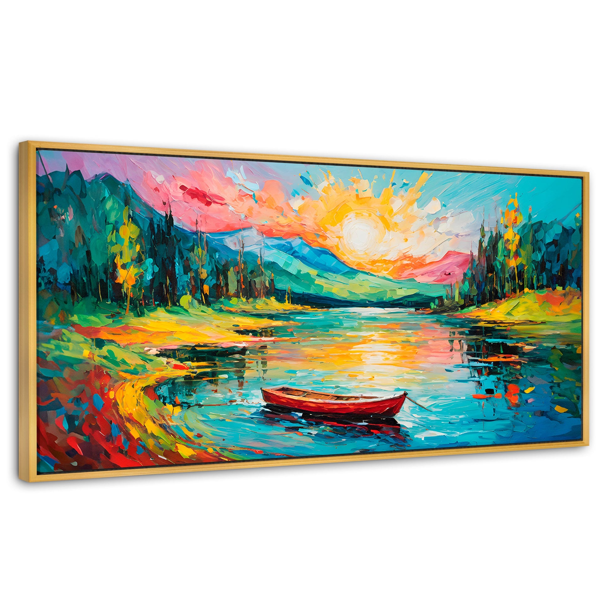 Cuadros Decorativos Canvas Revolution | Reflejos Bote Lago | Panoramico | Portada | Marco Dorado