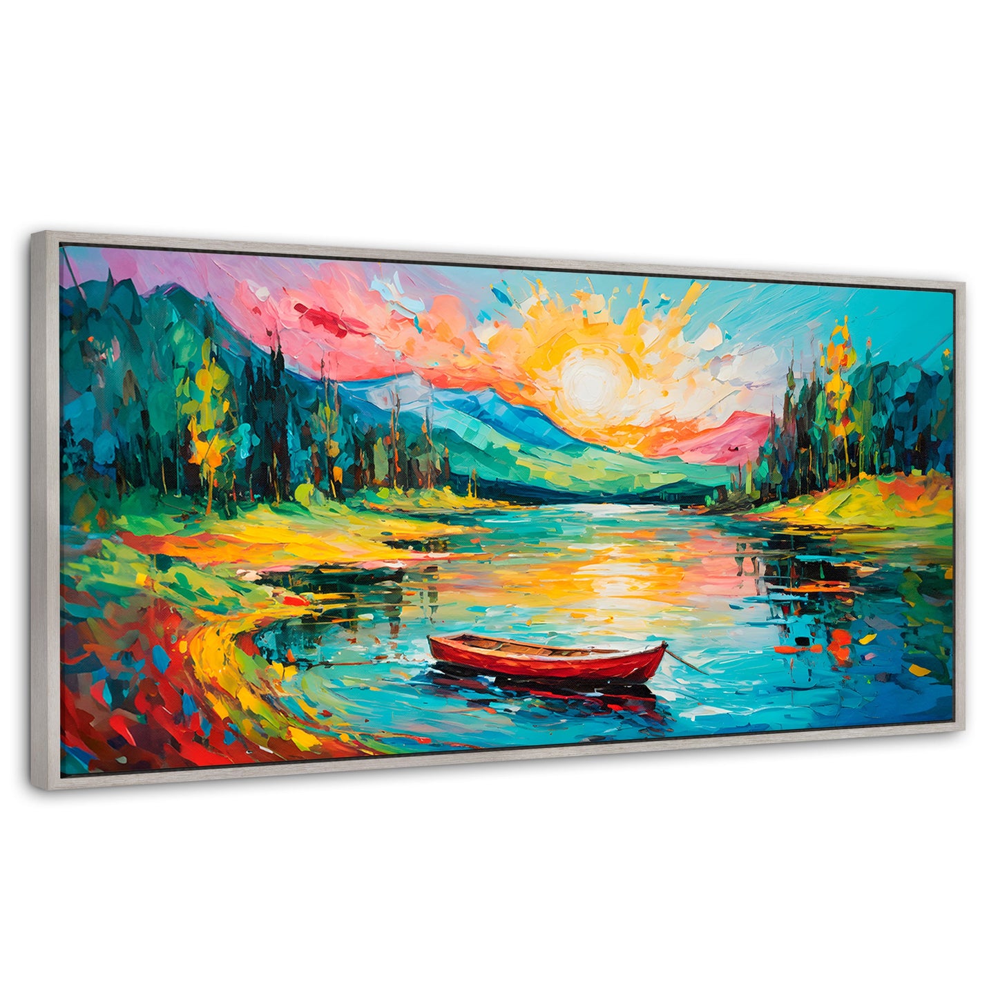 Cuadros Decorativos Canvas Revolution | Reflejos Bote Lago | Panoramico | Portada | Marco Plateado