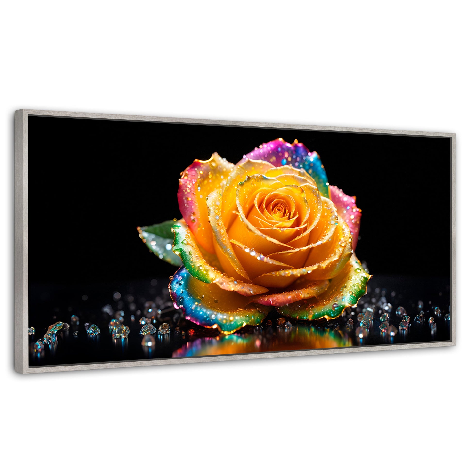 Cuadros Decorativos Canvas Revolution | Rosa Multicolor | Panoramico | Portada | Marco Plateado