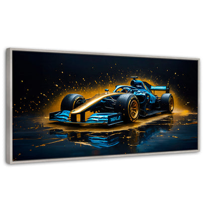 Cuadros Decorativos Canvas Revolution | Velocidad Azul Oro | Panoramico | Portada | Marco Blanco