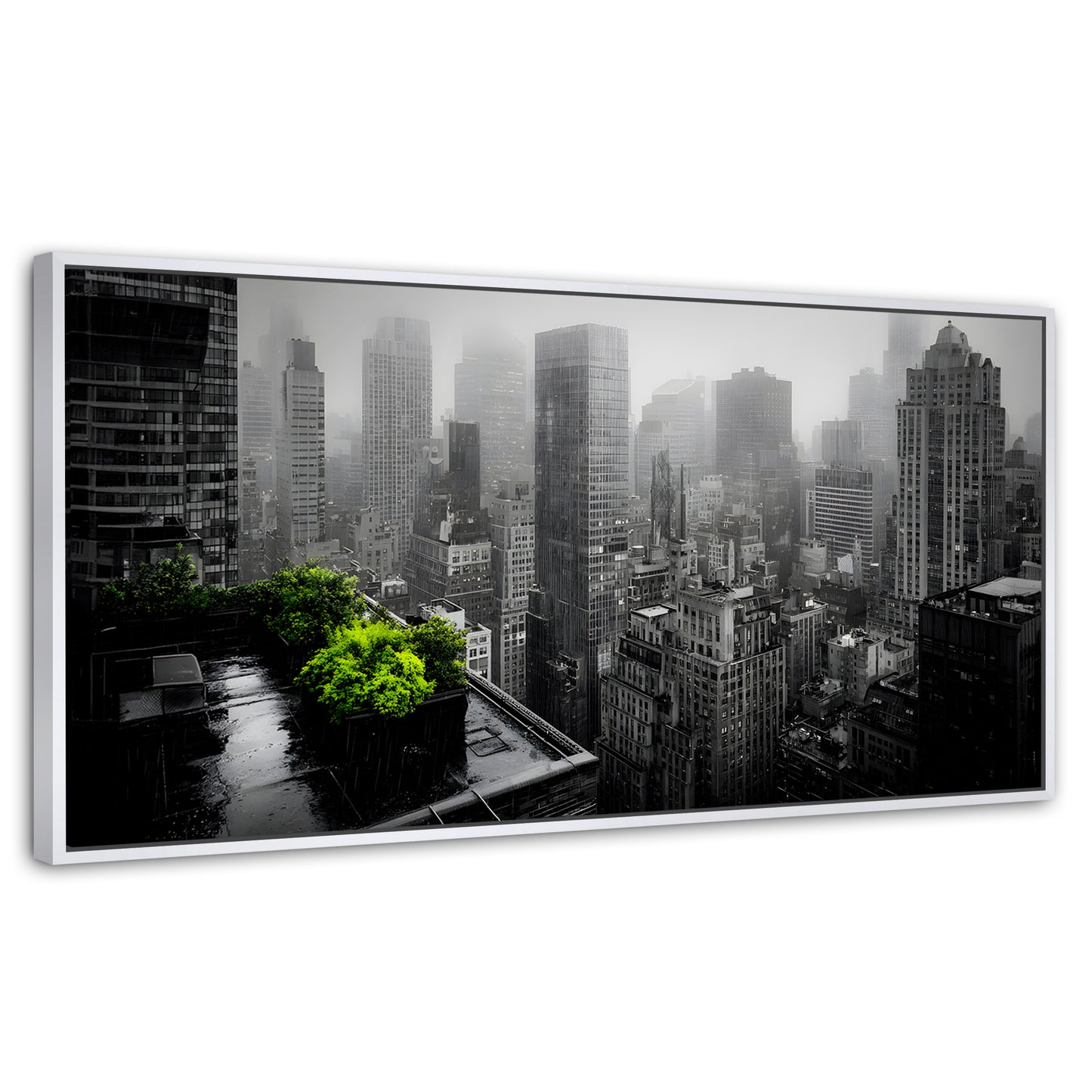 Cuadros Decorativos Canvas Revolution | Cuadro Decorativo Ciudad Niebla Gris | Panorámico | Marco Dorado