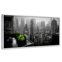 Cuadros Decorativos Canvas Revolution | Cuadro Decorativo Ciudad Niebla Gris | Panorámico | Marco Dorado