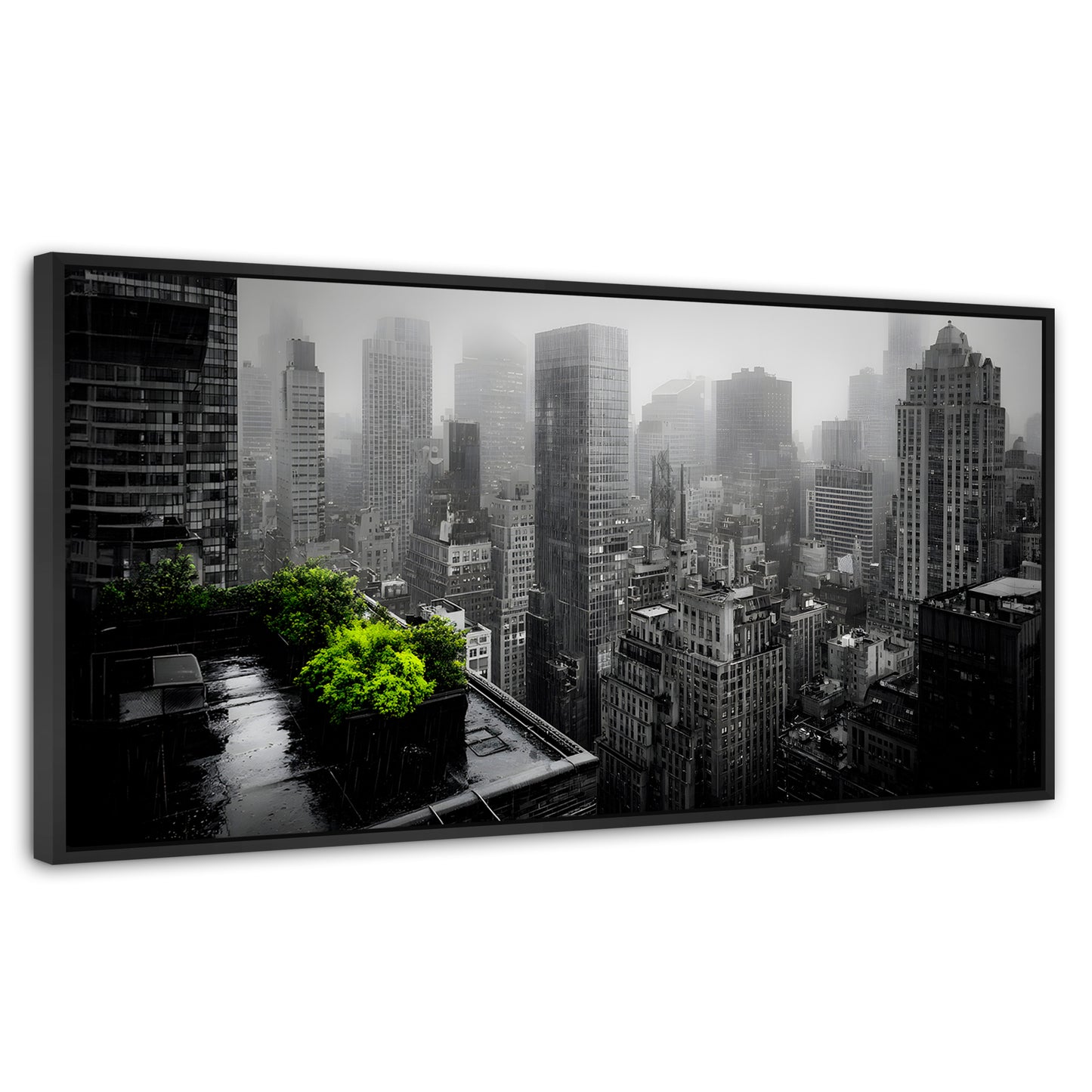 Cuadros Decorativos Canvas Revolution | Cuadro Decorativo Ciudad Niebla Gris | Panorámico | Marco Plateado